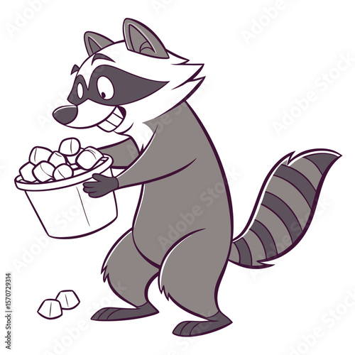 Gray raccoon holding bucket of marshmallows animal cartoon