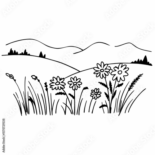 Hand drawn black and white field of daisies and mountainous landscape