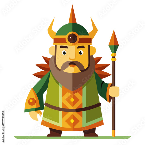 Green armored warrior with golden helmet and spear guard