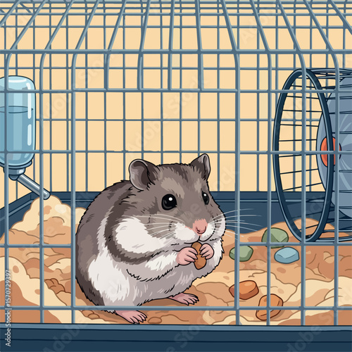 illustration, animal, vector, rodent, mammal, cage, domestic, isolated, home, cartoon, funny, mouse, small, hamster, pet, cute, adorable, character, graphic, design, icon, comic, accessory, eat, fun, 