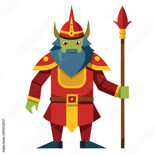Green skinned warrior with red armor and spear yellow accents blue beard