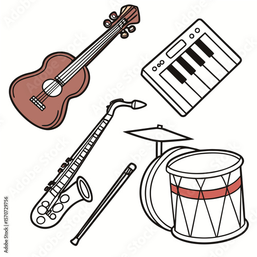 Guitar saxophone keyboard drum set musical instruments