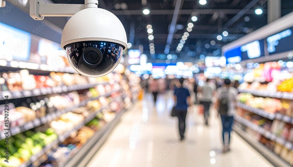 Obraz premium Security Camera Monitoring Supermarket Shoppers Safety and Security.