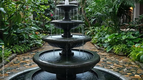 Ornamental fountain in lush garden