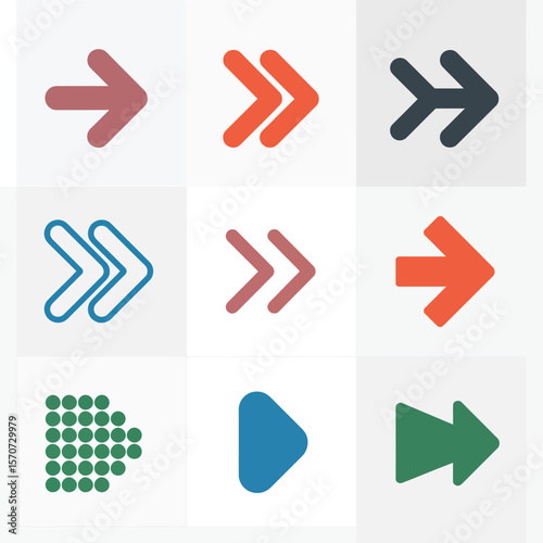 Nine Colorful Arrow Icons Set A Collection of Directional Symbols in Various Styles and Colors Including Single Arrows Double Arrows and a Dotted Arrow Design Vector Graphics for User