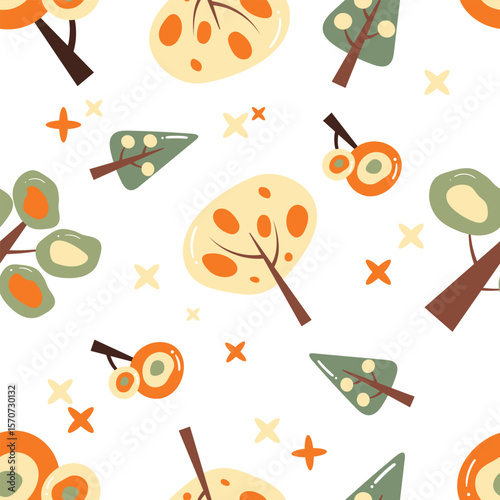 Trees on a white background. Autumn seamless pattern for clothing, fabric, wallpaper, backdrop, home decoration, cover book, and wall art.