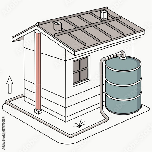 House with rainwater harvesting system and storage tank pipes roof