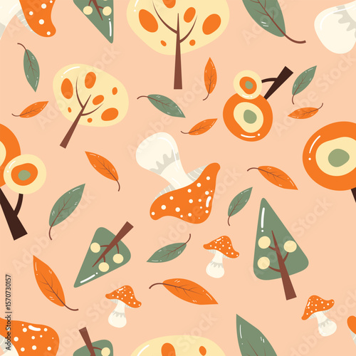Trees, mushrooms and leaves on an orange background. Autumn seamless pattern for clothing, fabric, wallpaper, backdrop, home decoration, cover book, and wall art.
