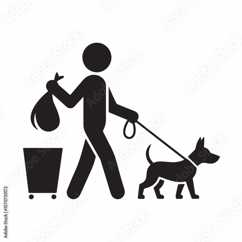 Person Walking Dog and Disposing of Trash Bag in Bin