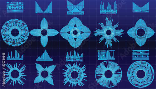 Set of digital ring components and bar graph elements for creating futuristic HUD interfaces, sci-fi dashboards, or tech UI visualizations. Editable vector layout on dark background.