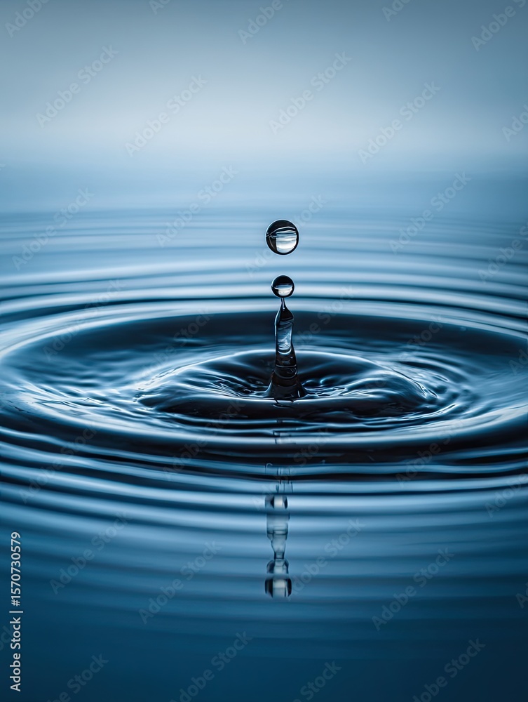 A single water droplet falls, creating concentric ripples on a calm, deep blue surface; its reflection mirrored below A single water droplet falls, creating concentric ripples on a calm, deep blue surface; its reflection mirrored below