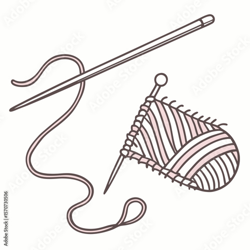 Knitting needles with pink yarn and fabric craft