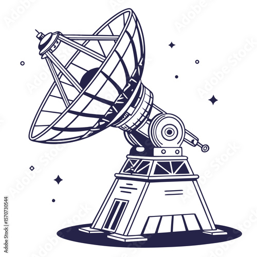 Large dish antenna pointed skyward with stars radio telescope satellite dish