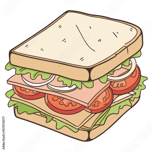Layered sandwich with ham lettuce tomato onion vector