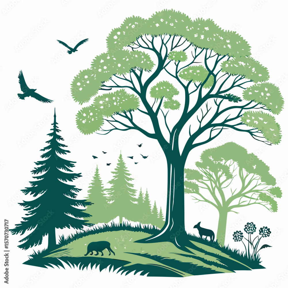 Obraz premium Lush forest scene with animals and birds trees nature