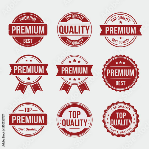 Nine Red Premium and Top Quality Badges Collection Vector Graphics Design Elements featuring circular and ribbon style stamps with distressed texture and star details showcasing words