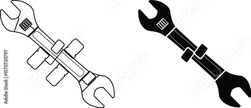 Dual-Ended Wrench Icon Set: Stylized Hand Tool for Mechanical, Industrial, and Repair Services – Outline and Solid Silhouette Versions.