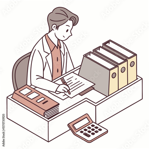 Man working at desk with files and calculator business office
