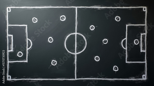 A soccer field strategy is meticulously drawn in white chalk on a dark chalkboard, showcasing the game plan with formations and tactics for an upcoming match