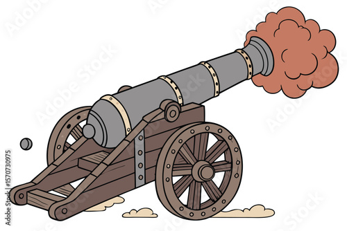   cannon, medieval, renaissance, steel, wood, flames, fire, smoke, artillery, military, siege, weapon, vintage, retro, illustration, digital art
