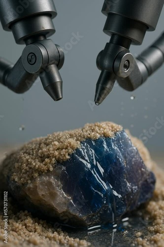 Close-up of two robotic arms spraying water on a blue mineral rock resting on sand. The scene highlights technology and mineral extraction processes.