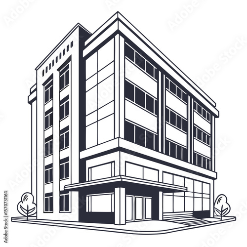 Modern office building with large windows and trees architecture