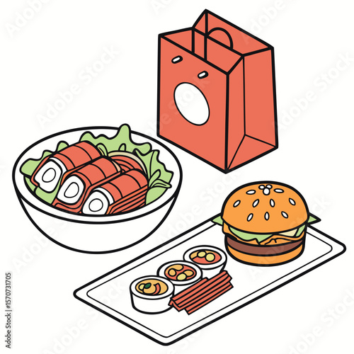 Orange delivery bag with burger and sushi rolls food delivery salmon