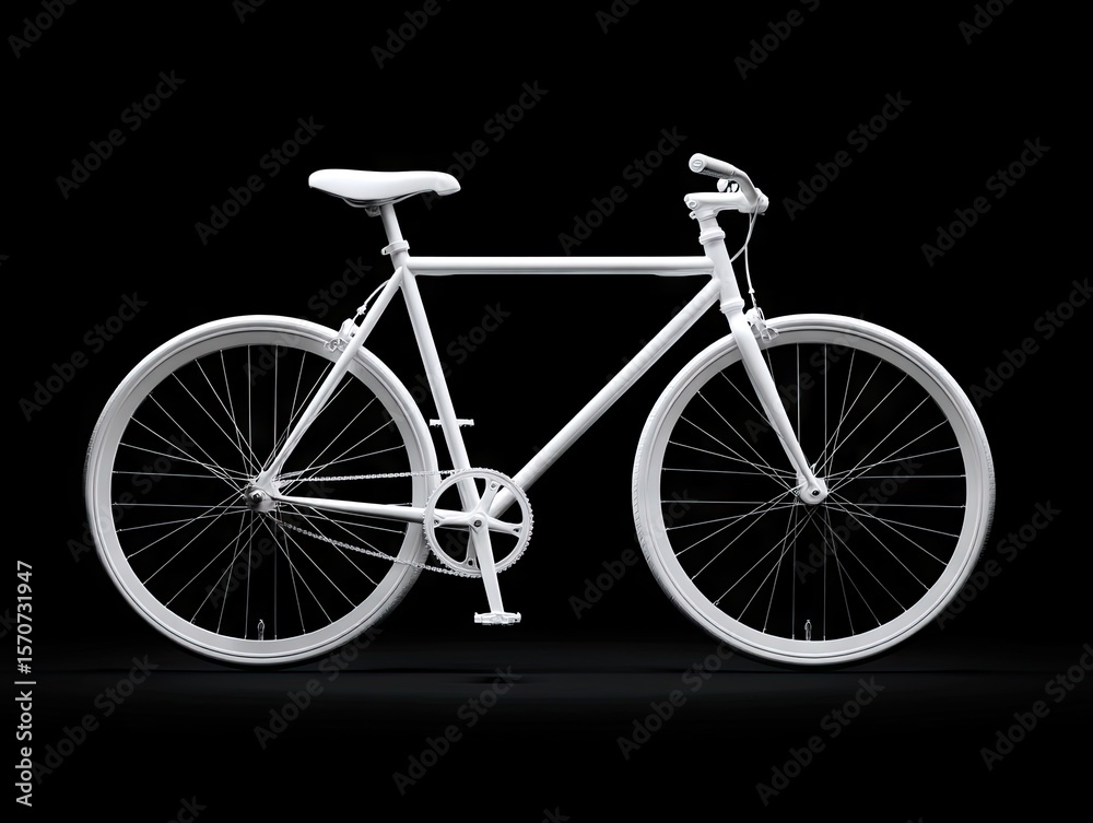 Fototapeta premium A sleek, minimalist white fixed-gear bicycle, isolated on a black background, showcasing its clean lines and simple design