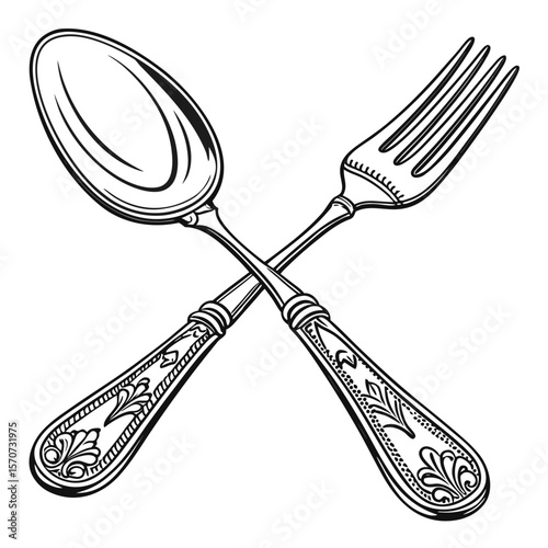 Ornate spoon and fork crossed on white cutlery silverware