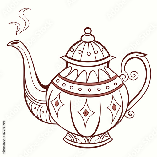 Ornate teapot with steam beverage drink