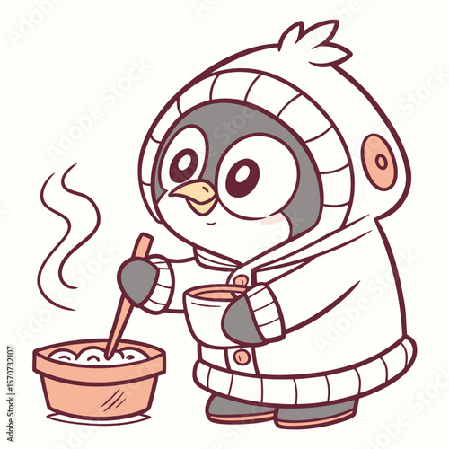 Penguin in warm clothing making soup cartoon animal