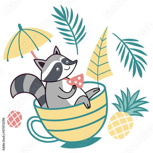 Whimsical Racoon feeling Excited in a Tropical setting with in a teacup – colored in Tropical Vibes