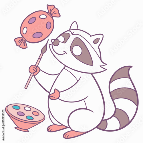 Cute Relaxed Racoon, accessorized with holding a paintbrush, in a Birthday world – Candy Shop palette vector