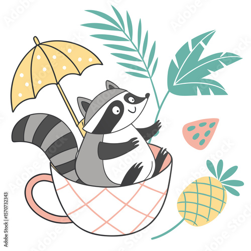 Whimsical Racoon feeling Excited in a Tropical setting with in a teacup – colored in Tropical Vibes