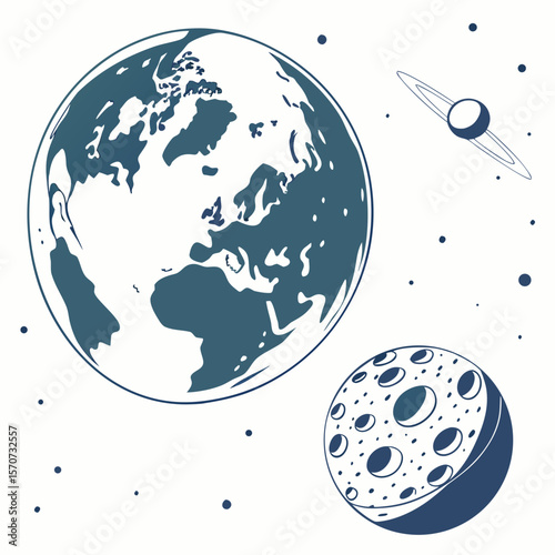 Planet earth moon and ringed planet in deep blue space celestial bodies