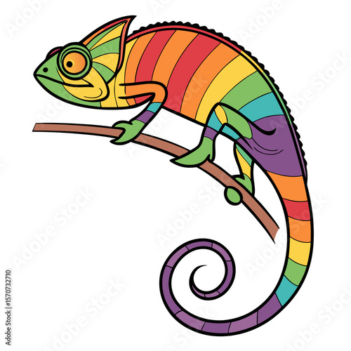 Rainbow chameleon perched on branch with swirling tail reptile animal