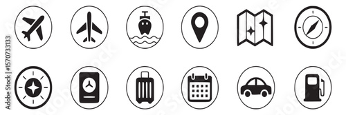 Travel and tourism icons set vector illustration for vacation trip planning and adventure destination guide on transparent background
