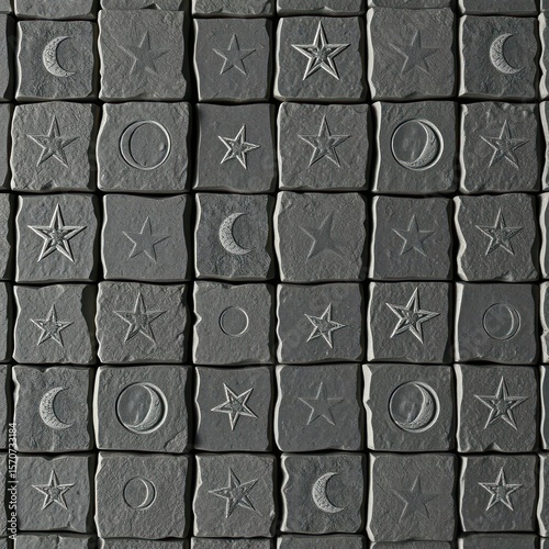 Stylized stone grid with engraved stars and moons, enchanted the