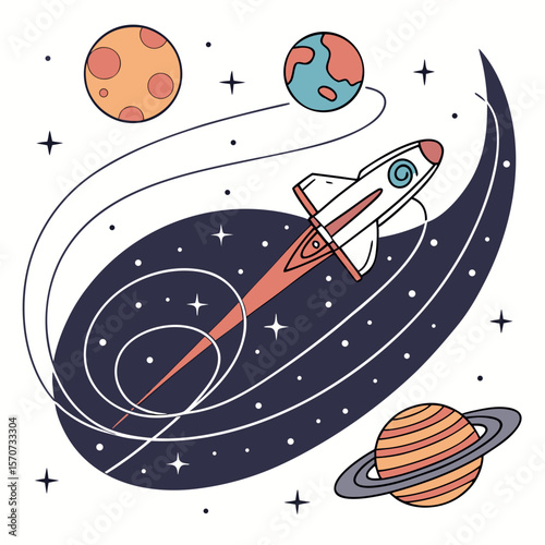Rocketship journey through colorful planets and starry nebula spaceship space