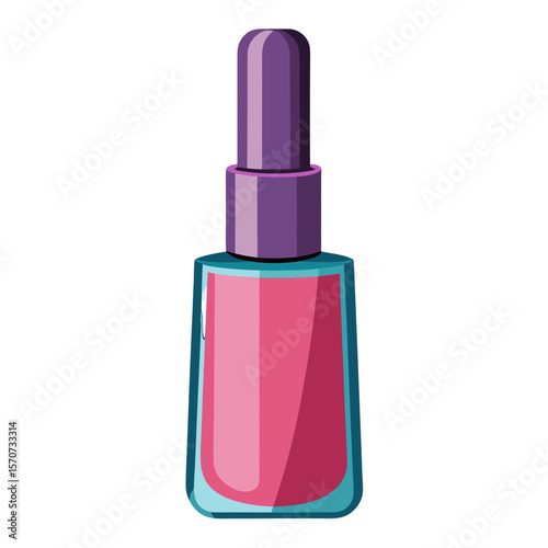 A colorful nail polish bottle with pink liquid inside, featuring a purple cap and teal base in a simple cartoon illustration style.