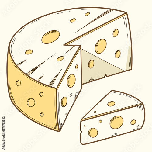 Round cheese wheel with wedges and holes dairy food