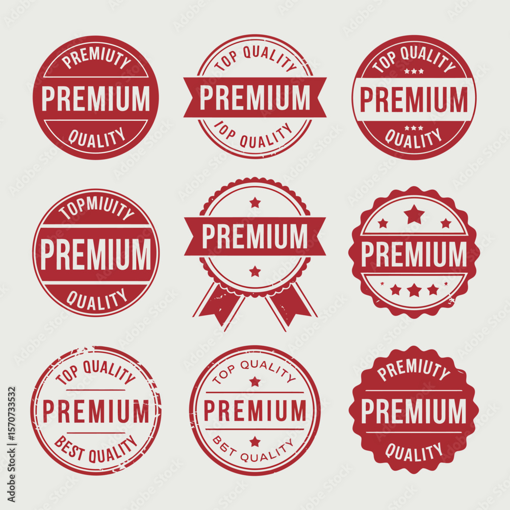 Obraz premium Nine Red Premium Quality Stamps Collection Grunge Style Design Elements Top Quality Best Quality Premium Quality Circular and Ribbon Badges Vector Graphics