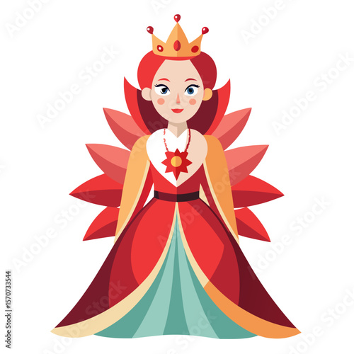 Royal queen with flower cape and crown red dress