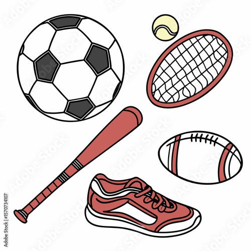 Soccer Ball Tennis Racquet Football Shoe And Baseball Bat tennis ball