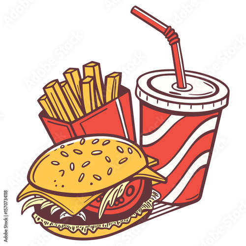 Happy Burger Meal with Fries and Cola Vector