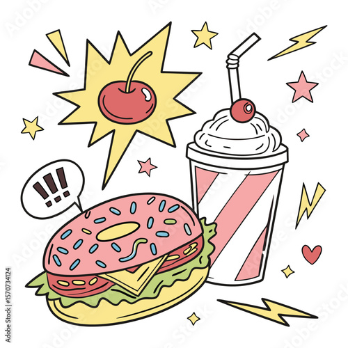 Cartoon Donut and Milkshake with Comic Pop Elements