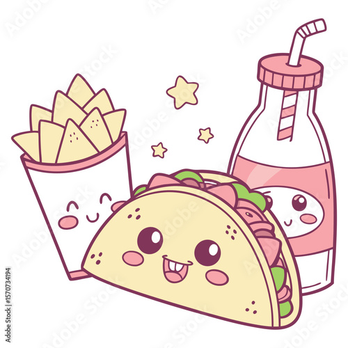 Cute Taco with Fries and Soft Drink Illustration