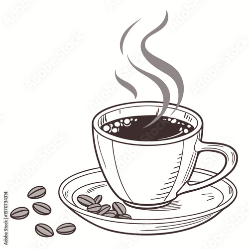 Steaming coffee cup with beans on saucer hot beverage coffee beans