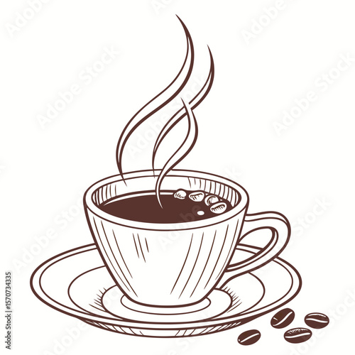 Steaming coffee cup with beans on saucer vector