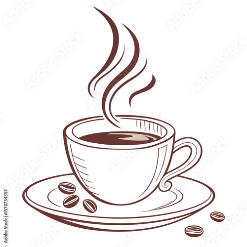 Steaming Coffee Cup with Beans on White Background saucer